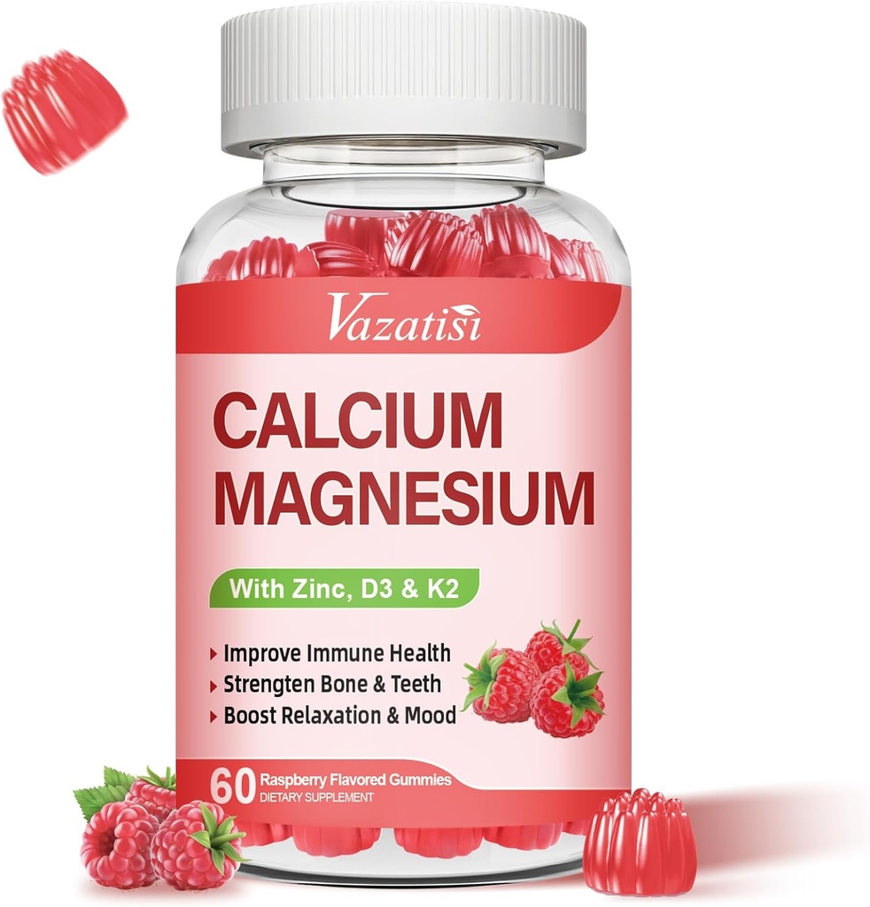 Calcium Magnesium Zink-Gummi mit Vitamin D3 & K2, hohe Absorption Magnesium-Glycinat-Kalium für Immun- und Kalm-Mood, Himbeere Flavor 60 Gummie