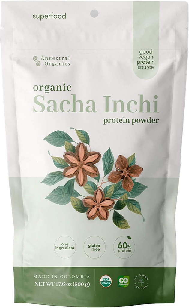 ANCESTRAL Organics Vegan Protein Powder, Sacha Inchi Certified Organic Superfood - 17g Plant Based Protein - Nutrient Rich - Glutenfrei, Dairy Free, Sugar Free - 1.1lb