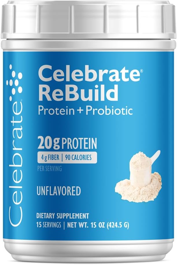 Celebrate Vitamine Rebuild Protein Pulver mit Probiotics & Prebiotics - 20g Whey Isolate Protein, High Fiber, für Post Bariatric Surgery Patienten - Unflavored (15 Servis)