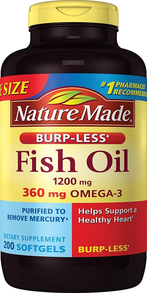 Burp-Less Fischöl 1200 mg, 200 Softgels, Fischöl Omega 3 Supplement für Herzgesundheit