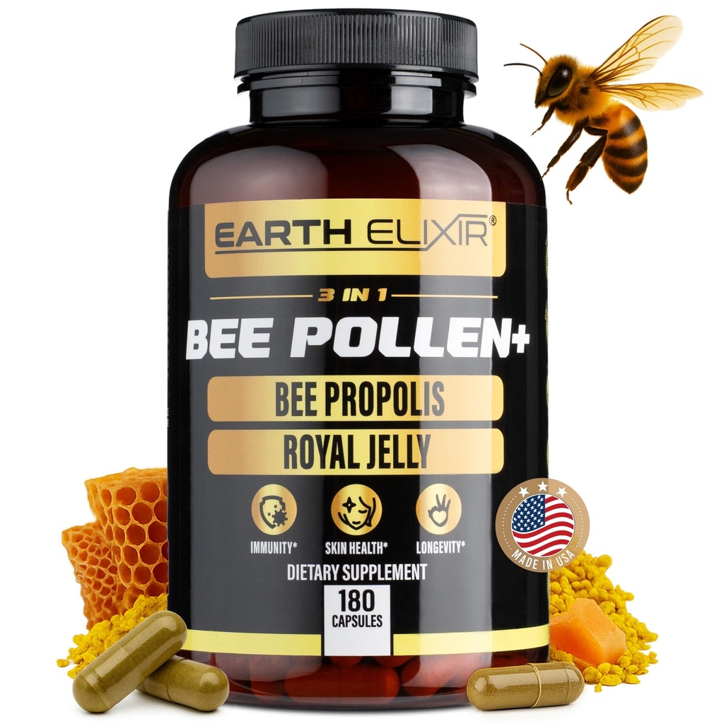 Earth Elixir 3-in-1 Organic Bee Pollen Capsule – Non-GMO, Pure Raw Bee Pollen, Royal Jelly, Propolis Extract for Women & Men – Natural Energy, Immun & Vitality Support – 180 Propolis Capsules