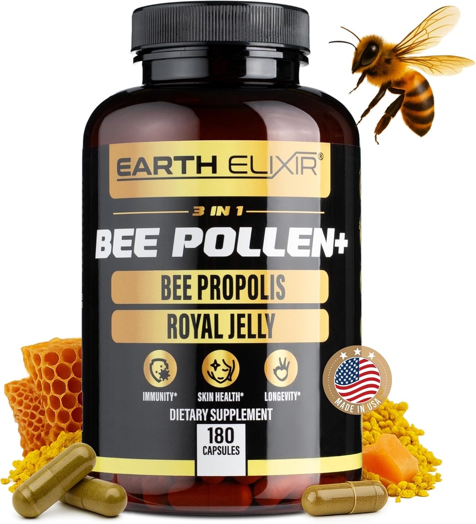 Earth Elixir 3-in-1 Organic Bee Pollen Capsule – Non-GMO, Pure Raw Bee Pollen, Royal Jelly, Propolis Extract for Women & Men – Natural Energy, Immune & Vitality Support – 180 Propolis Capsules
