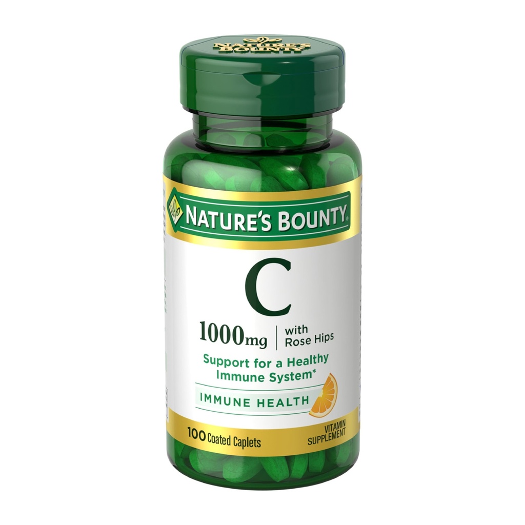 NatureS Bounty Vitamine C + Rose HIPS, Immune Support, 1000mg Vitamine C, Caplets enduits, 1 portion par jour, Caplets végétariens, 100 Ct