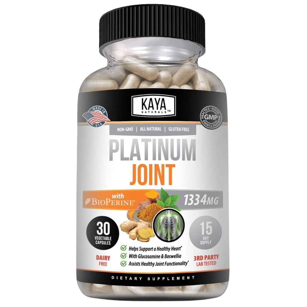 Kaya Naturals Platinum Mobility Turmeric - Bioperine, Glucosamin, Kurkuma mit Boswellia, Healthy Natural Mobility Support, Kurkuma Curcumin 1334mg - 30 Kapseln