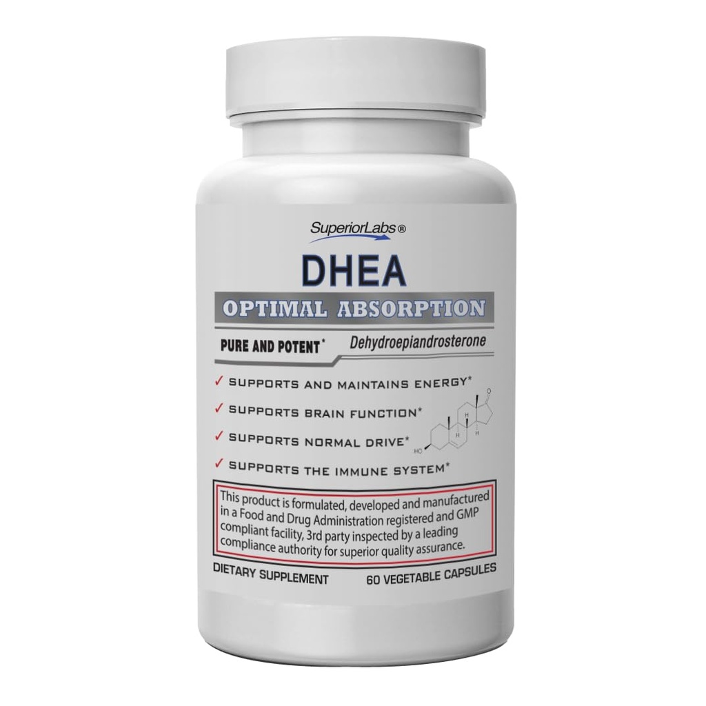 Superior Labs – Extra Strength Natural DHEA – Dose sans OGM 100 mg, 60 capsules végétales – favorise le vieillissement en santé chez les hommes et les femmes – aide à rétablir des niveaux d'énergie jeunes