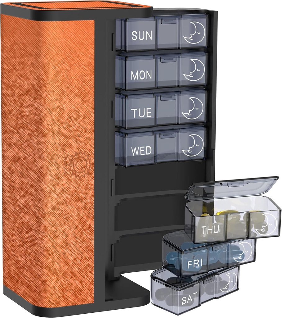 7-Day AM/PM Pill Organizer mit Kratz-Resistant Leder Case - Portable Weekly Travel Medicine Box mit Detachable Daily Pods & Privacy Design (Bright Orange)