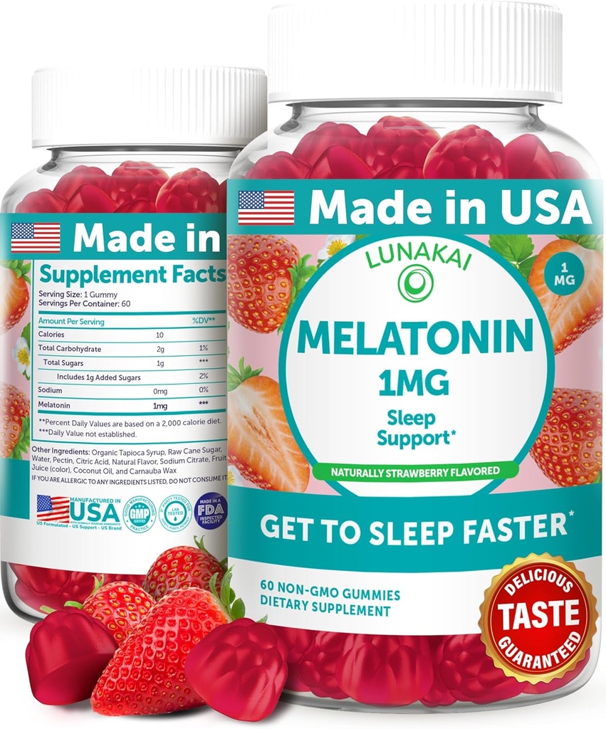 Lunakai USA Made Low Dose Melatonin Gummies 1mg - Sanfte Schlafhilfe für Erwachsene & Kinder - Non-GMO, Vegan, Glutenfrei - 60 Count