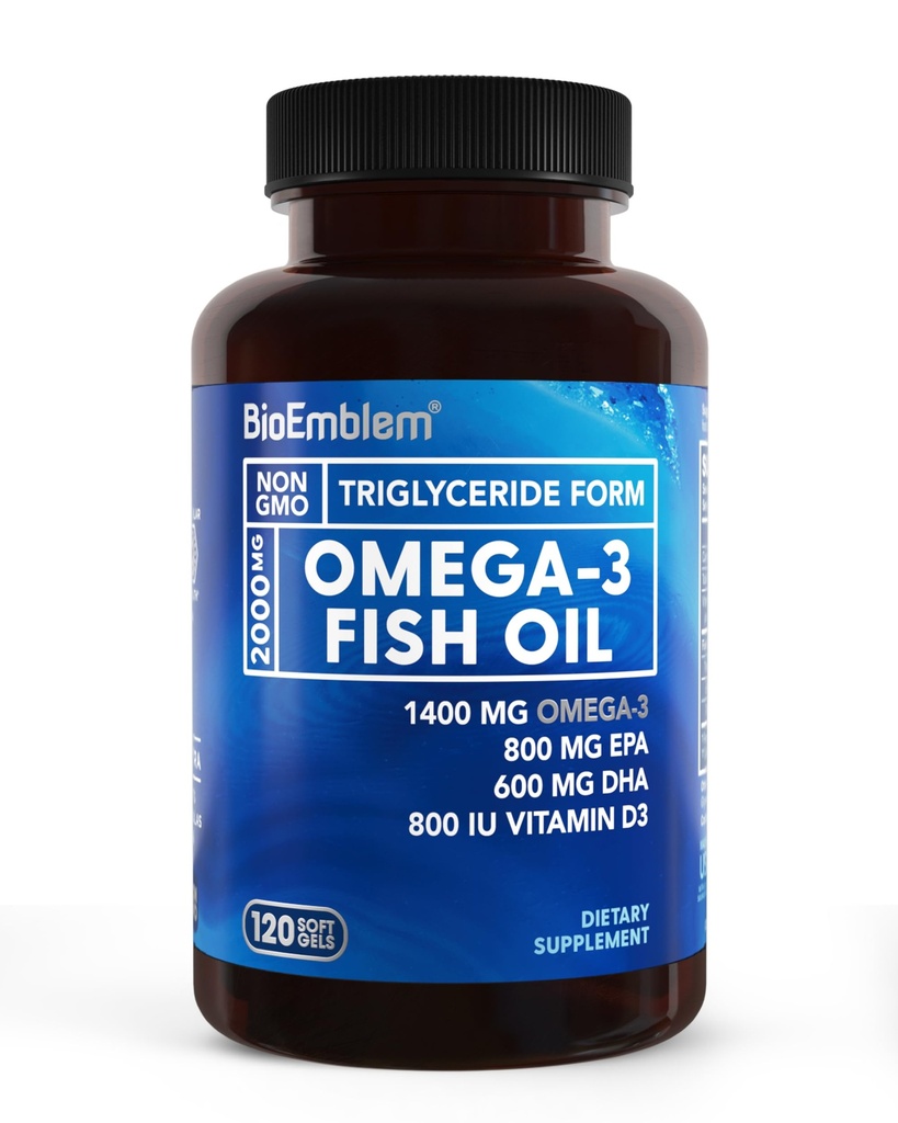 BioEmblem Omega-3 Fish Oil 2000mg - Small Size Softgels, High Absorption Form, Nachhaltig - 1400mg EPA &DHA Plus Vitamin D3, Non-GMO, Herz, Gelenk, & Gehirn Health Fish Oil Supplement, 120 Ct