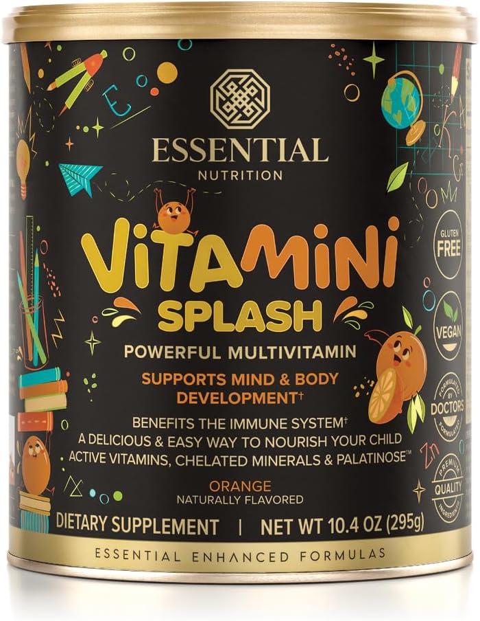 Alimentation essentielle Vitamines Splash - Poudre de multivitamines pour enfants - Soutien nutritionnel - 13 Vitamines actives et 6 minéraux chélatés, fibre prébiotique - Arôme orange - (10,4 oz) - Vegan