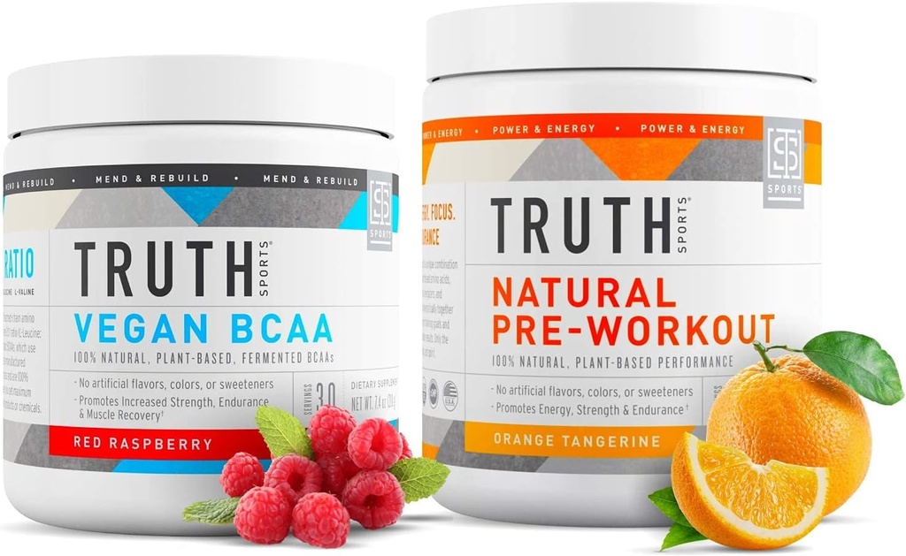 Truth Nutrition Natural Athlète Workout Stack - Pré-entraînement naturel (Orange Tangerine) + Vegan BCAA (Raspberry rouge)