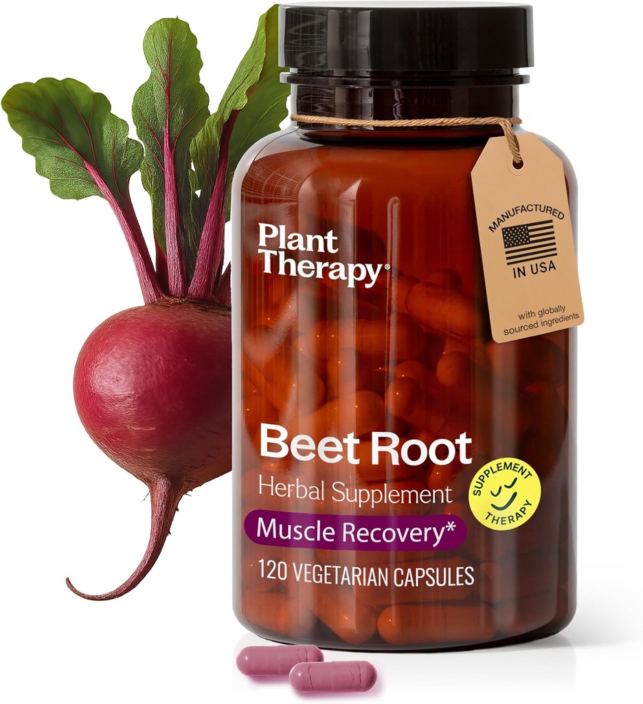 Plant Therapy Capsules de racine de betterave fabriqués aux États-Unis 4 mois d'approvisionnement stimule l'endurance, combat la fatigue, idéal pour la récupération musculaire et les suppléments de santé cardiovasculaire pour les femmes et les hommes 120 Capsule végétarienne