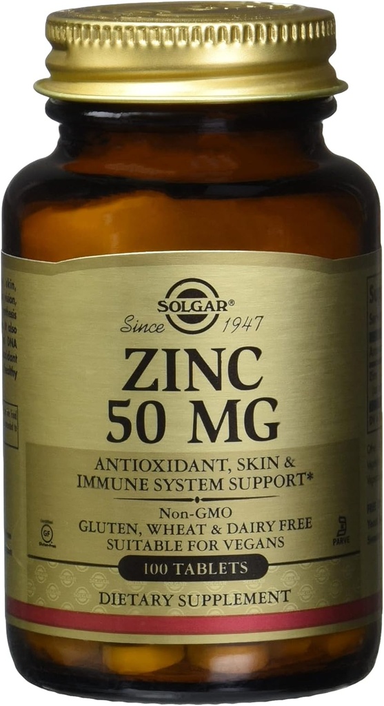 Solgar Zinc 50 Mg, 100 Tablets - Zinc for Healthy Skin, Immune System and Antioxidant Support- 100 Servings, 100 Count (Pack of 12)