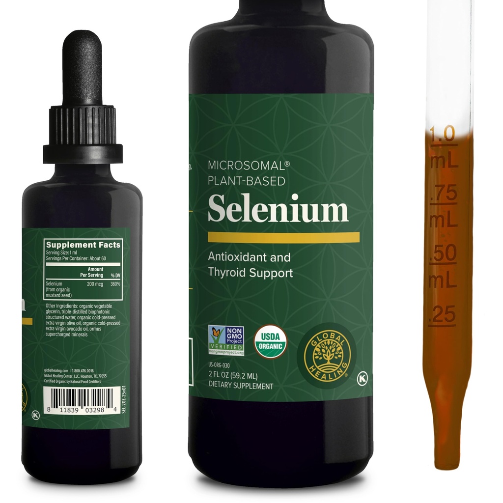 Global Healing Center - Sélénium 200mcg, Sélénium Supplément gouttes avec ingrédients organiques, antioxydants pour la thyroïde et le soutien immunitaire, sans OGM et sans gluten, pour les hommes et les femmes - 2 Fl Oz