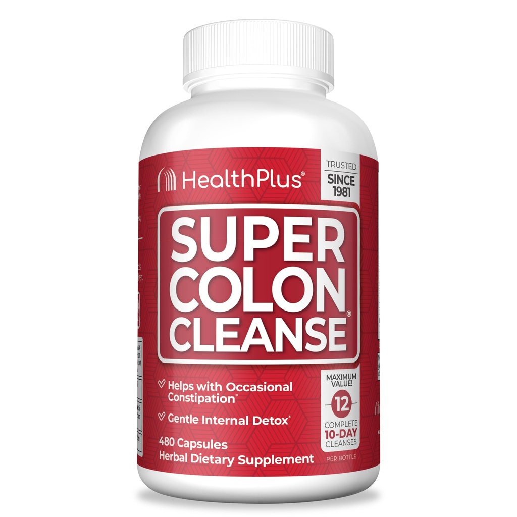 Health Plus Super Colon Cleanse 120 jours d'approvisionnement en désinfectant doux Gut Cleanse Detox, Psyllium Husk, Probiotiques pour le soulagement de la constipation et le soutien digestif, 480 capsules