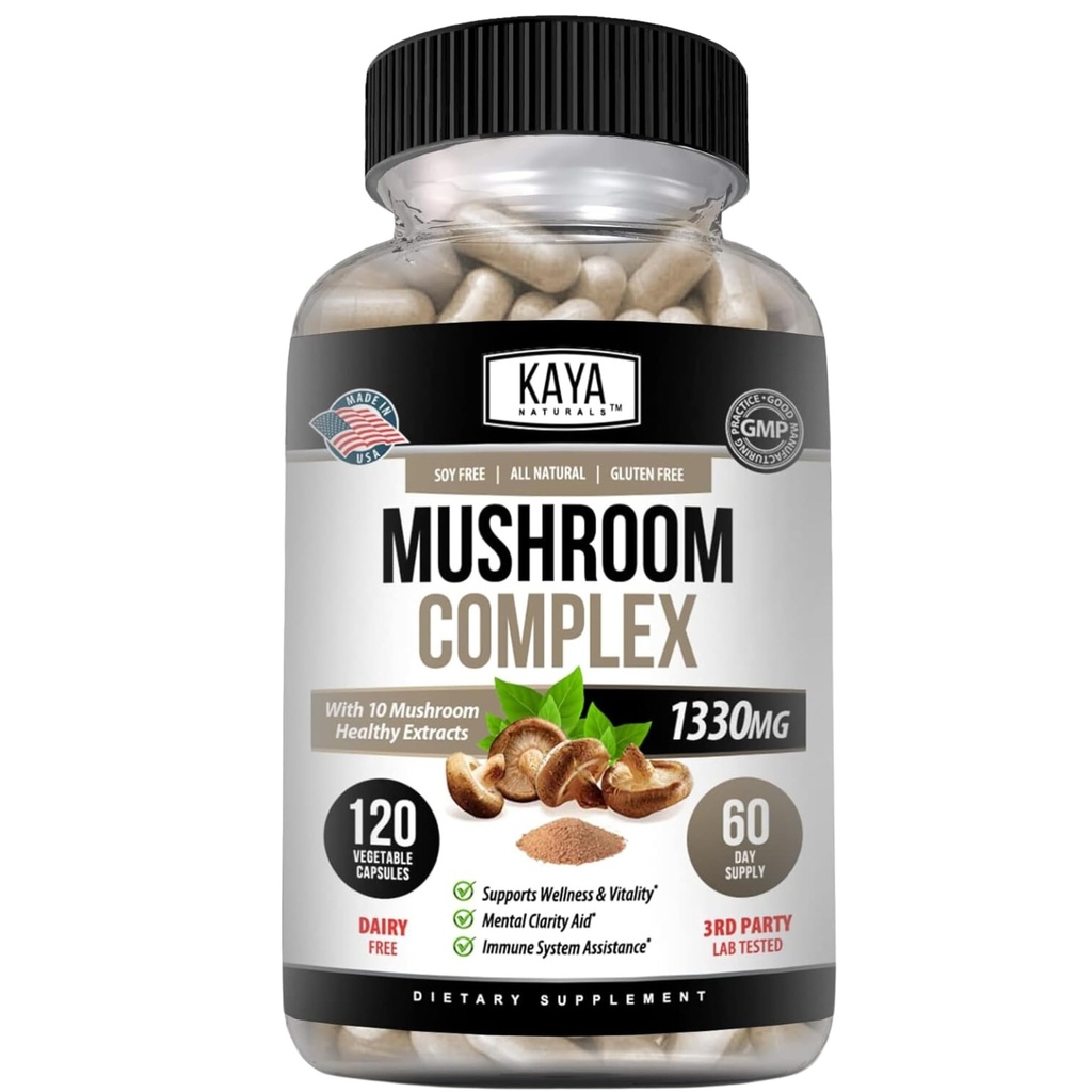 Kaya Naturals Complexe Champignon Premium Potentiel - Supplément Champignon - Capsules Complexe Champignon 1995mg Par Service - Aides La clarté mentale soutient le système immunitaire, le mieux-être et la vitalité - 120 Compte