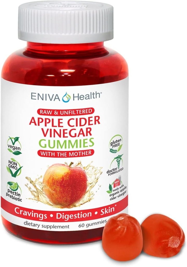 Eniva Gesundheit Apfel Apfel Apfelessig Gourmet Gummy Vitamine 60 Ct USDA Organic ACV Vegan Gluten Free Non-GMO mit der Mutter B9 B12 Beetroot Pomegranate Energy Curb Cravings Detox Cleanse Immunität