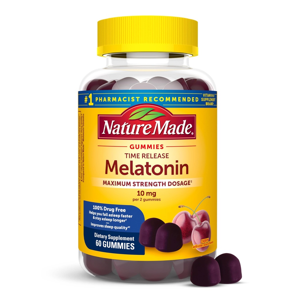 Nature Made Time Release Melatonin Gummies 10mg pro Servierung, maximale Stärke Dosierung Schlafhilfe für Erwachsene, 100% Drug Free, 60 Gummie, 30 Tage Versorgung