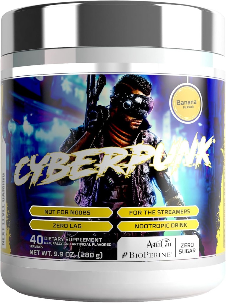 CYBERPUNK Gaming Powder Supplement | Energy & Focus Nootropic Drink | Adaptogen Formel + Vitamine & Mineralstoffe | Natürliche Inhaltsstoffe | 40 Servierungen (Banana)