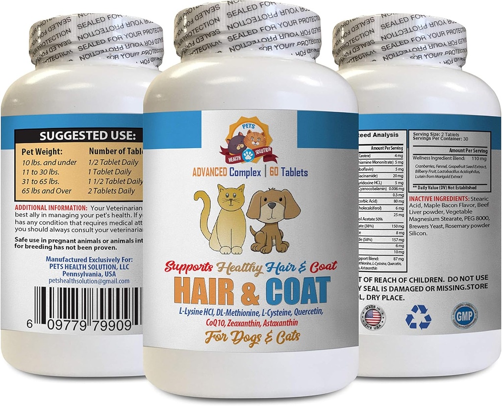 Hunde-Haar-Ergänzung - Haustiere Haar- und Mantel Boost - für Hunde und Katzen - Unterstützt gesunde Haut-Haarnägel - Hund Vitamin e - 2 Flaschen (120 Tabletten)