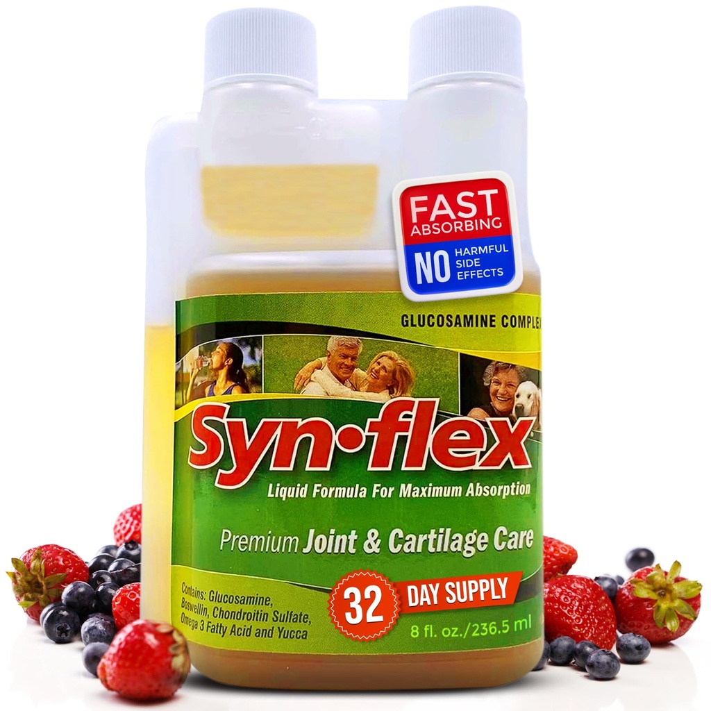 Synflex Liquid Glucosamine Original Formula - Chondroitin, Vitamins, Minerals - Drink Supplement for Men & Women, Helps Support Joint & Cartilage Health - Berry Flavor, 32 Day Supply