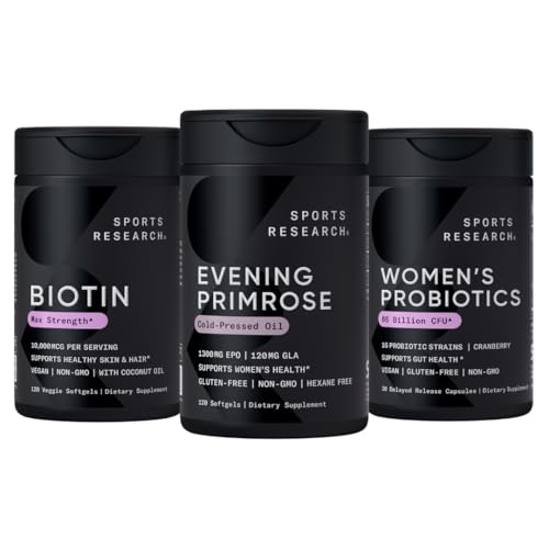 Sports Research Evening Primrose Supplement aus kaltgepresstem Öl, Vegan Biotin 10.000mcg mit Kokosnussöl und Frauen Probiotika mit Präbiotika, 65 Billion CFU