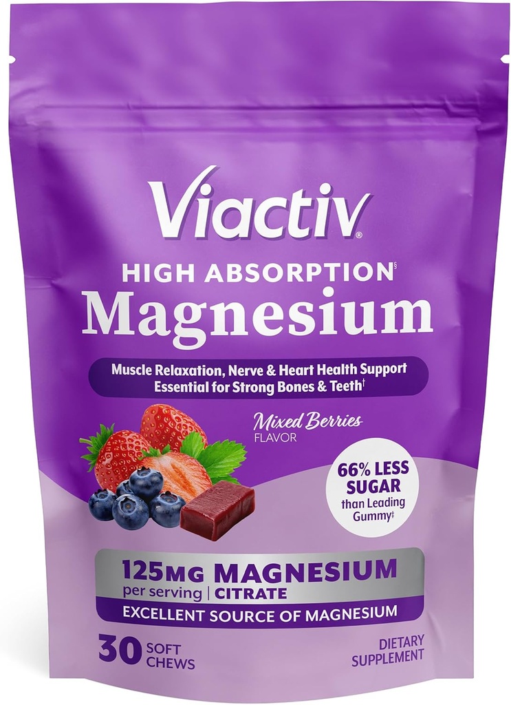 Viactiv Magnesium Kauen, hohe Absorption Magnesium Citrat, Mischbeeren Geschmack mit weniger Zucker als führende Magnesium-Gummien, 30ct, 1pc Servieren