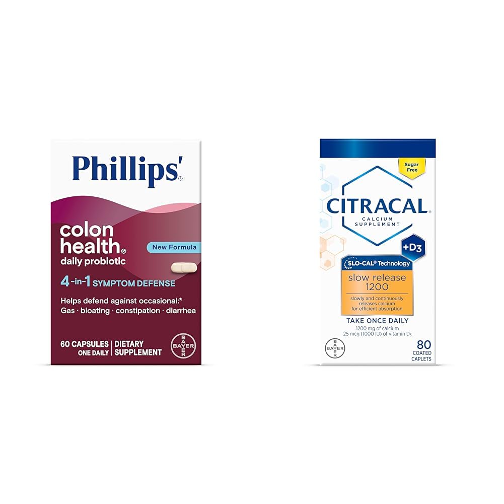 Phillips' Colon Health Daily Probiotic Capsules, 4-en-1 Symptom Defense & Citracal Lent Release 1200, 1200 mg Citrate de calcium et mélange de carbonate de calcium