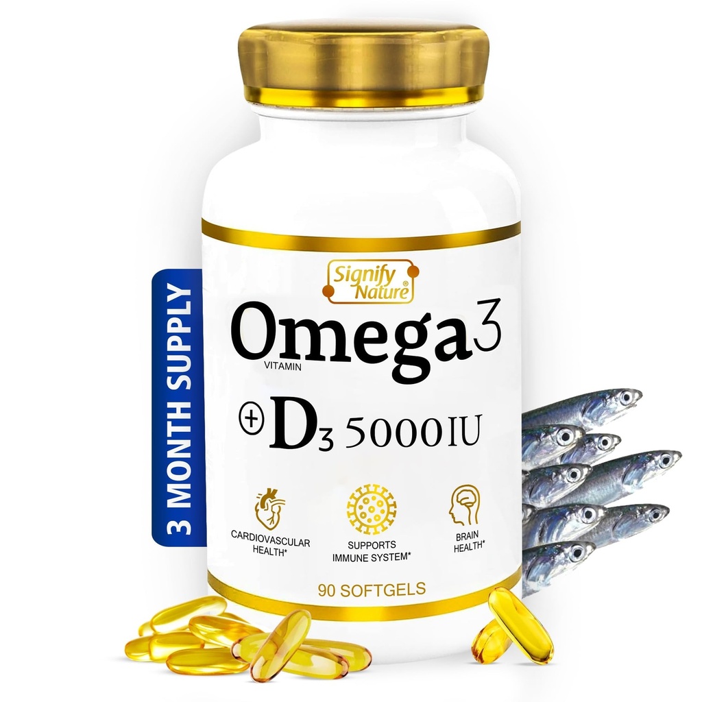 SIGNIFY NATURE Omega 3 Fish Oil Supplement mit Vitamin D3 5000 IU - 1000mg Triglycerid Kapseln für Gehirngesundheit - Omega3 EPA DHA + VIT D 3-90CT