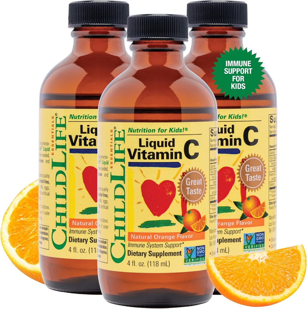 CHILDLIFE ESSENTIALS Flüssiges Vitamin C - Reines Vitamin C Flüssiges Supplement für Kinder, Immunsystem Unterstützung, Großer Geschmack - Natürliche Orange, 4 Fl Oz (Pack mit 3)