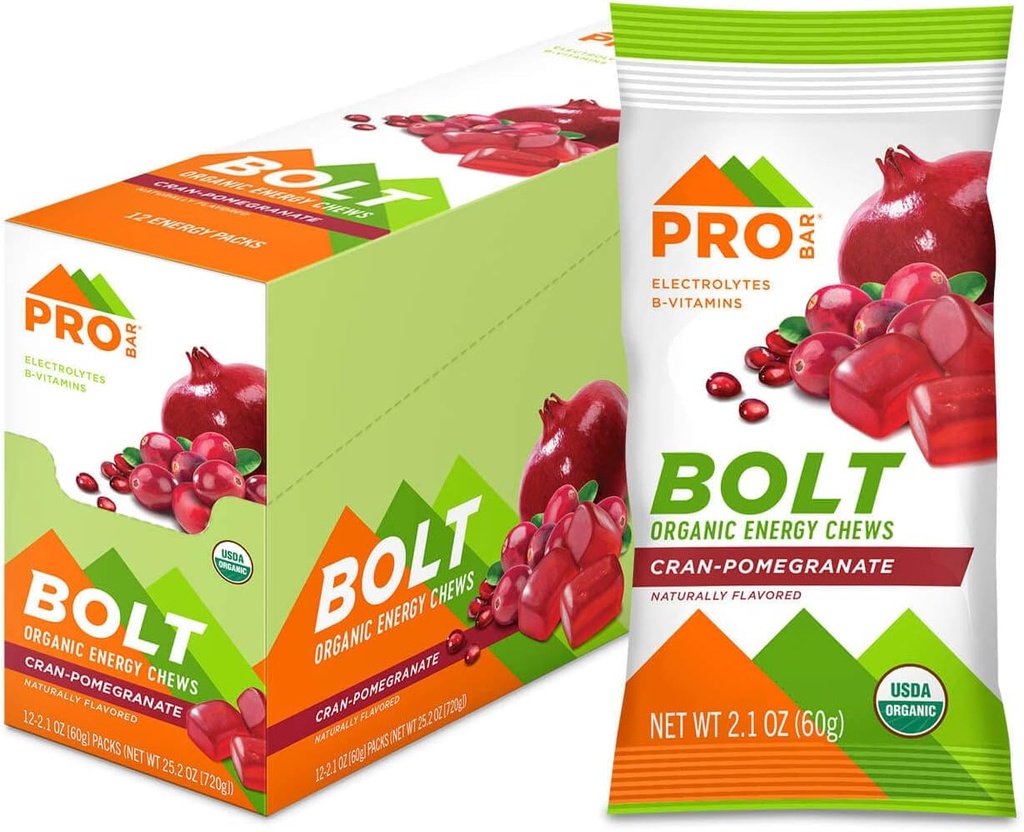 PROBAR - BOLT Organic Energy Chews, Cranberry Pomegranate, Non-GMO, Gluten-Free, USDA Certified Organic, Healthy, Natural Energy, Fast Fuel Gummies mit Vitaminen B & C (12 Count)