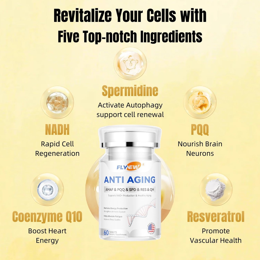 Anti-Aging, Resveratrol,NADH& PQQ, Gesundes Haar, Haut und Nägel, Cellular Health, Spermidin, Ubiquinol, GMP, Made in USA 60 Kapseln