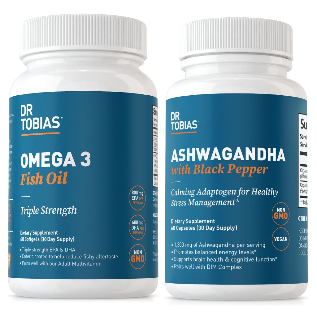 Dr. Tobias Omega 3 Fischöl und Ashwagandha Kapseln, Unterstützung Gesamt Wellness & Balanced Energy & Resilience, Non-GMO