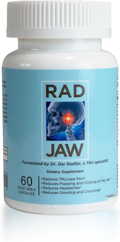 RAD JAW - TMJ-Ergänzung für Frauen und Männer, Nährstoffbasiertes TMJ Relief, Jaw Discomfort-Unterstützung, Ziele Schmerz, Popping, Klicken, Schleifen, Clenching (Bruxismus) & andere Symptome, 60 Gemüsekapseln
