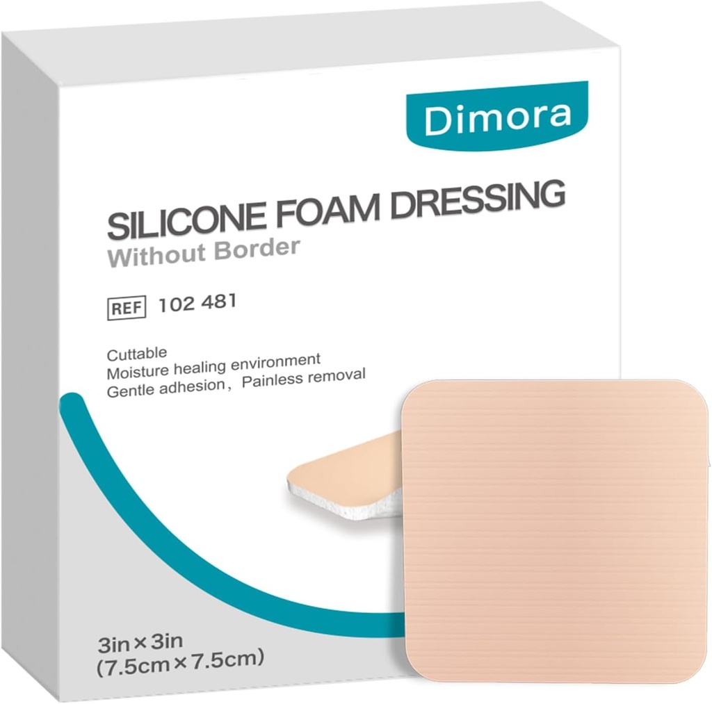 Dimora Silikon Schaum Dressing ohne Bord 10 Pack- 3"x 3" Hoch absorbierende Adhesive wasserdichte Bandagen für Wunden, Schneidbare Pads für Wund Pflege und Dressings