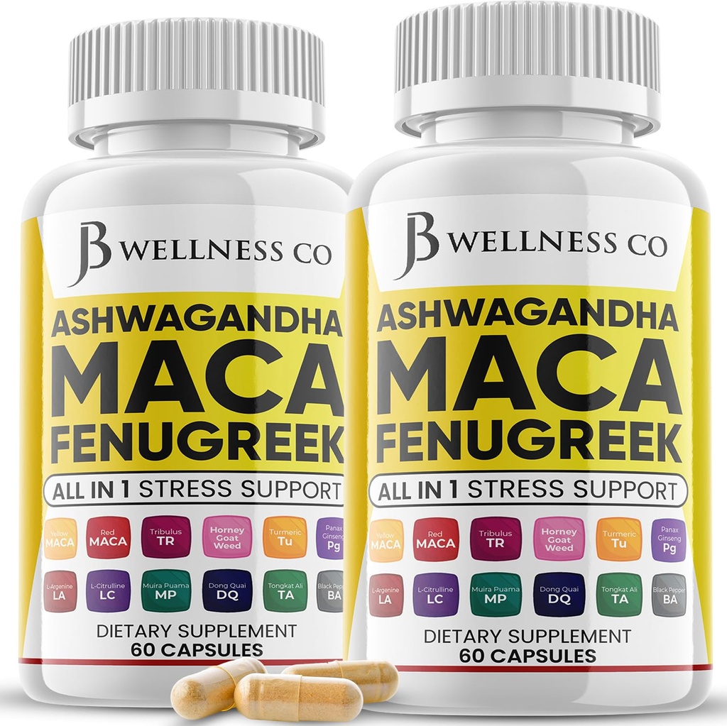 Ashwagandha Maca Root Fenugreek Supplement mit Tongkat Ali Ginseng - Assists with Mood & Thyroid Health - Made in USA - 120 Count
