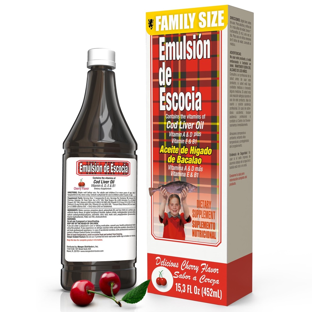 Emulsión de Escocia mit Cod Liver Oil – Cherry Flavor – Vitamine A, D, E & B1 für Immun- und Leberunterstützung – Flüssige Ergänzung für Kinder – 15.3 Fl Oz | 1-Pack