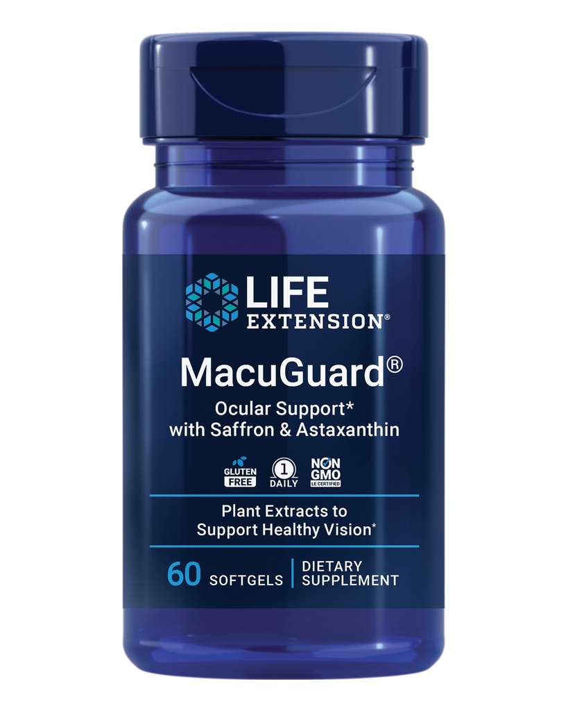 Life Extension MacuGuard Ocular Support avec Safran & Astaxanthin – Supplément santé oculaire pour une vision saine – avec Lutéine, zéaxanthin, Méso-zéaxanthin – Sans gluten, sans OGM – 60 softgels