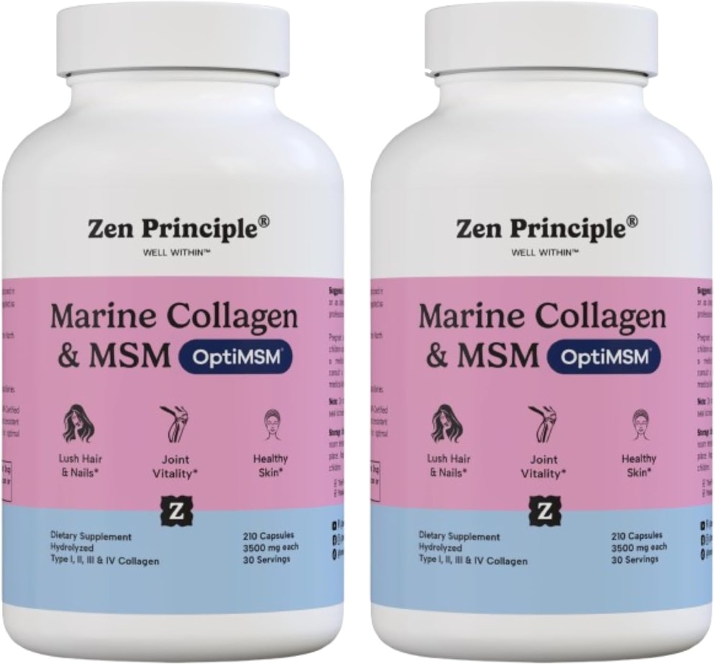 Zen Principle Marine Collagen Peptides Pulver mit OptiMSM® Supplement. Klinisch getestet für Hautunterstützung. Wild-Caught Fish, Non-GMO. 420 Kapseln.
