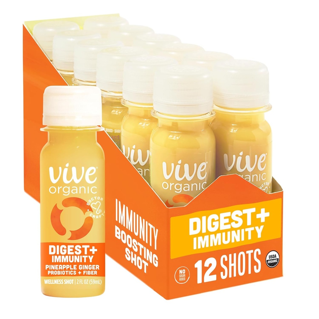 Vive Organic Digest + Immunität Dual-Boost Shot, Kalt-Pressed Aloe Vera, Apple Cider, Probiotics, 2g Fiber, Glutenfrei, Vegan, 2 Fl Oz (Pack von 12)