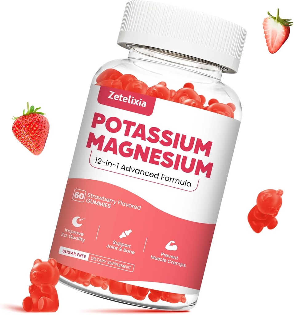 Potassium Magnesium Supplement Gummies for Adults Kids, Magnesium Glycinate & Potassium Citrate, Plus Multivitamin, Omega-3 & Black Pepper, Leg Cramps, Muscle & Heart Health, 60ct