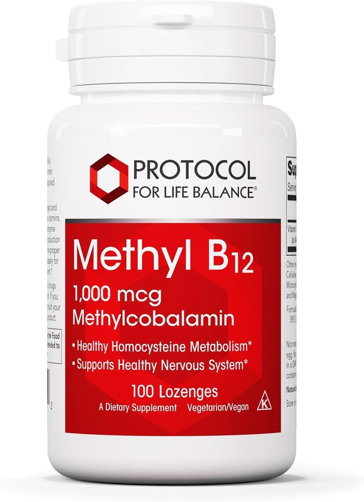 PROTOCOLE POUR LA BALANCE VIE Méthyl B12 1 000 mcg - Vitamine B12 pour le métabolisme de l'homocystéine - Soutien Cerveau Santé et santé Système nerveux - Kosher, Halal & Vegan - 100 Lozenges
