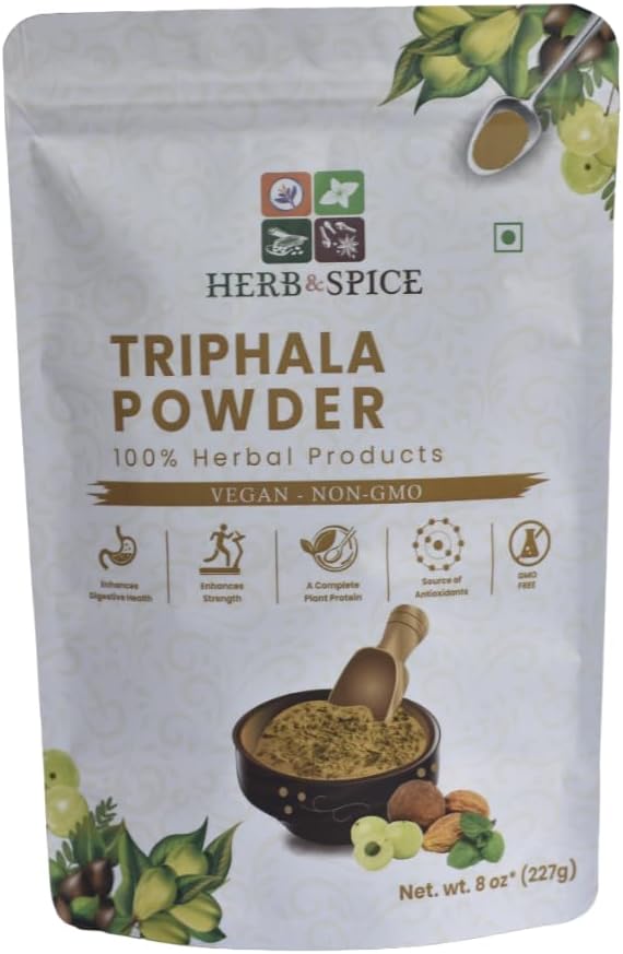 Triphala Powder Non GMO, Glutenfrei, 100% Raw, Geliefert aus Indien, Kräuterformel von Amla, Haritaki, Bibhitaki, verpackt in wiederverschließbaren Zip Lock Pouch (227 Gramm)