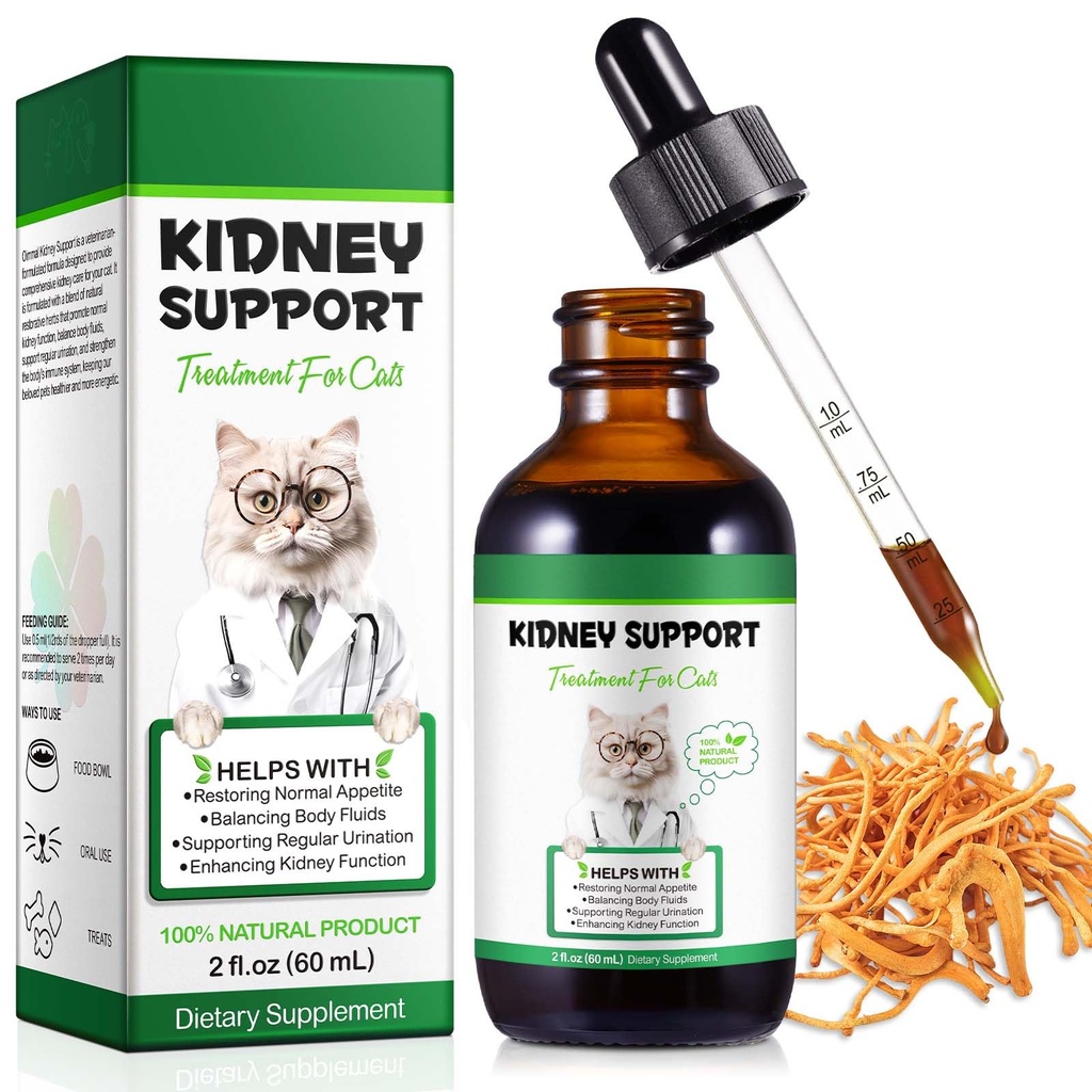 Soutien du rein pour les chats, traitement du rein pour chat Urinate régulièrement, renforcer la fonction rénale, augmenter l'immunité, supplément à base de plantes soutient la fonction rénale saine- 60ml/2fl.oz