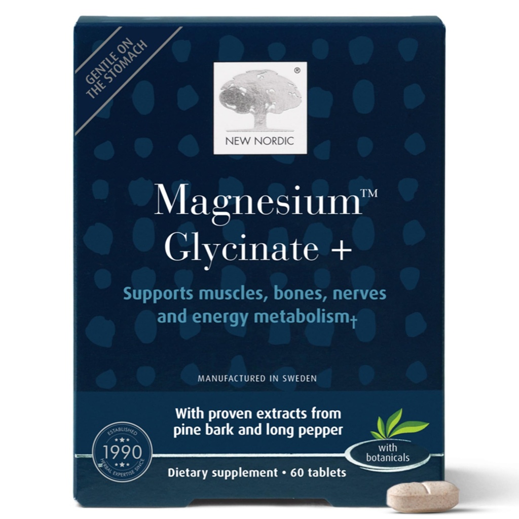 Neues nordisches Magnesiumglycinat, 220 mg maximale Absorptionstabletten mit Pinienrinde und langem Pfeffer, sanft auf Magen für Frauen und Männer, 30 Portionen
