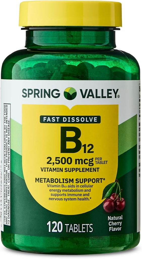 Spring Valley, Vitamin B12 2500 MCG, B12 Quick-Dissolve Cherry Flavor Tabletten Nahrungsergänzung, Vitamin B12, 120 Count - New Look (Pack von 1)