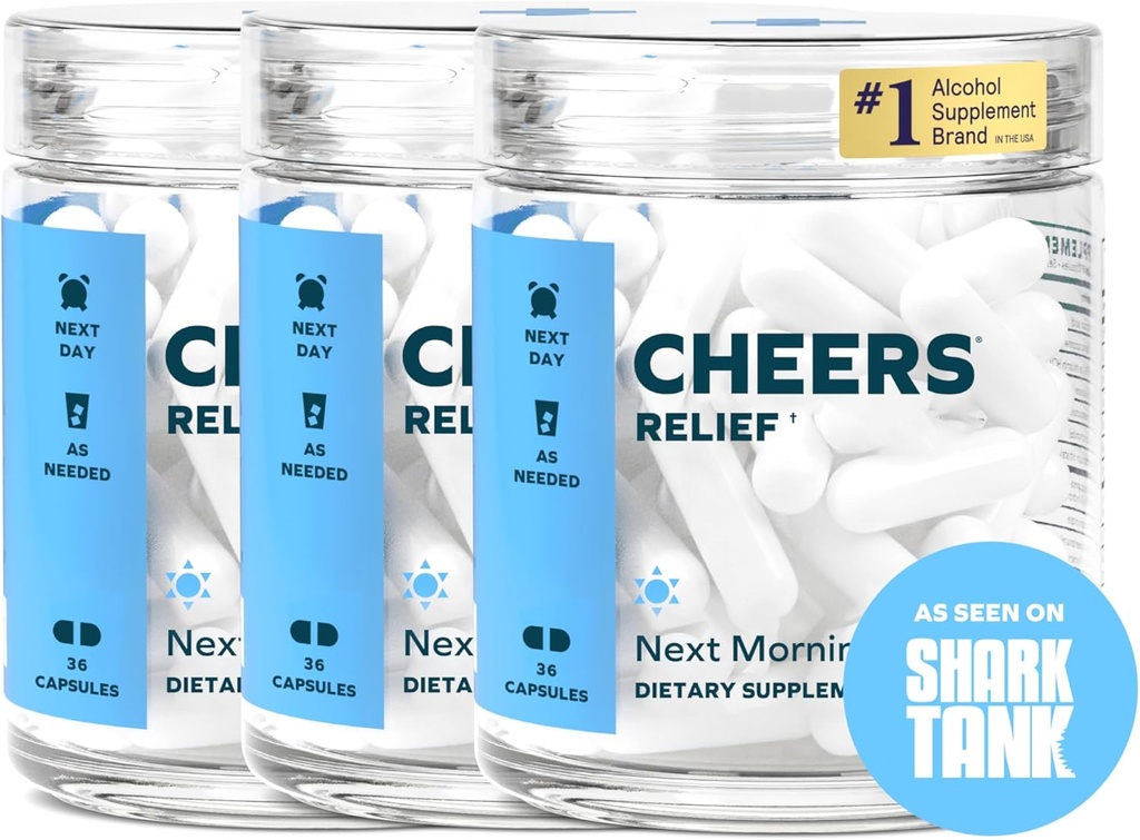 Cheers Relief | Next Morning Aid with Ginger + White Willow Bark | Fühlen Sie sich besser nach Trinken | 36 Doses | Ginger, White Willow Bark, L-Theanine, Koffein