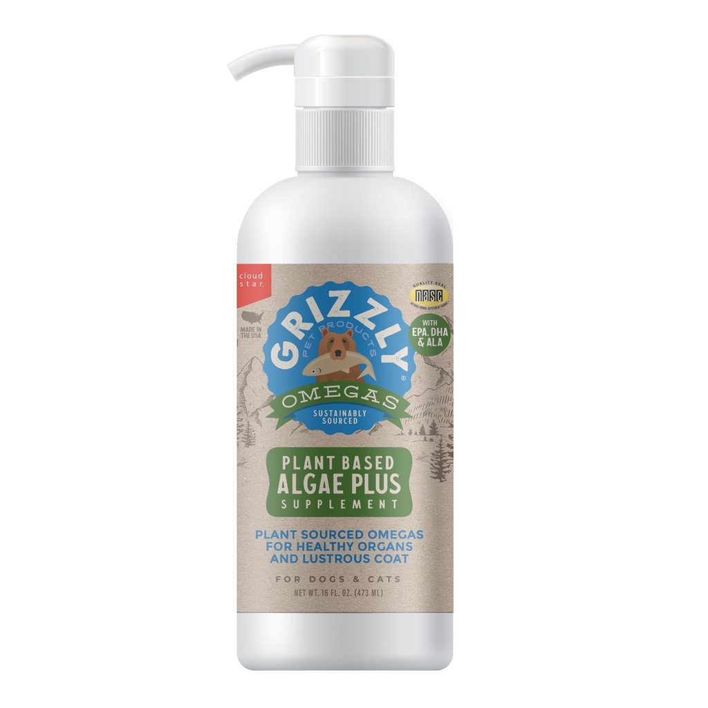 Produits pour animaux de compagnie grizzlyAlgal Plus Omega 3-6-9 Supplément alimentaire pour chiens et chats, bouteille de 16 once