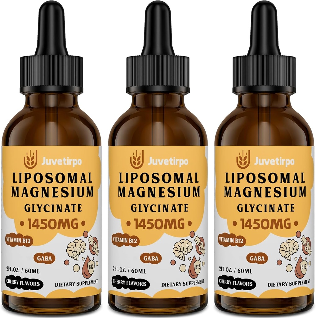 Magnesium Glycinate Liquid Drops - Liposomal Chelate with Cherry Flavor for Easy Absorption, Promotes Sleep, Mood, Intestinal & Bone Health, Reduces Stress - 60ML (2.04 Fl Oz (Pack of 3))