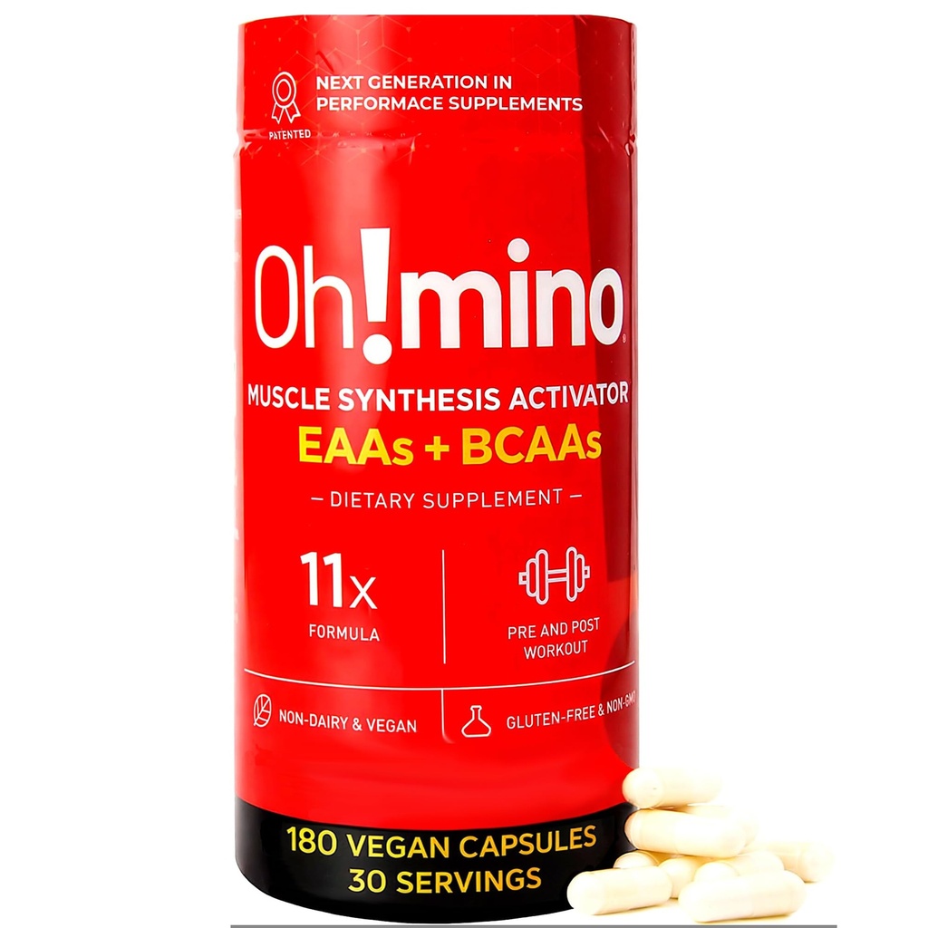 Oh!mino Essential Amino Acids Supplement. Koffeinierte Kapseln. Alle 9 EAAs, BCAAs und die perfekte Amino für Workouts, Amino Energy, und um Muskeln zu bauen und schneller wiederherzustellen.