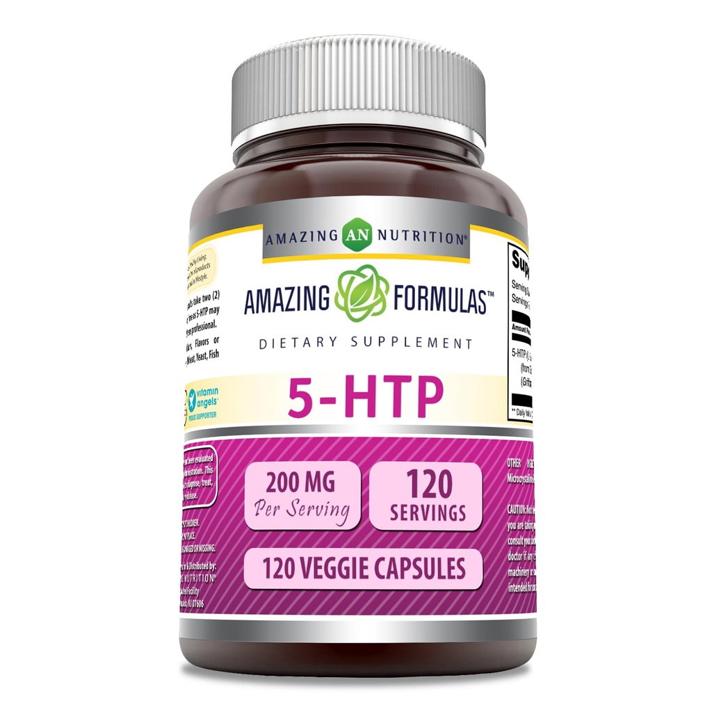 Formules étonnantes 5-HTP (L-5-Hydroxytryptophane) Supplément de 200 Mg par service